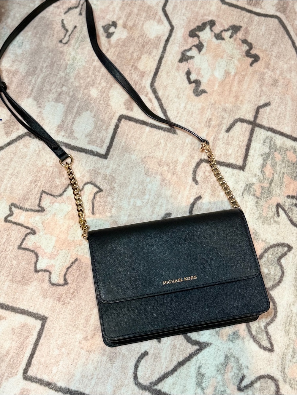 Michael Kors Black Saffiano Crossbody with Gold Chain Strap